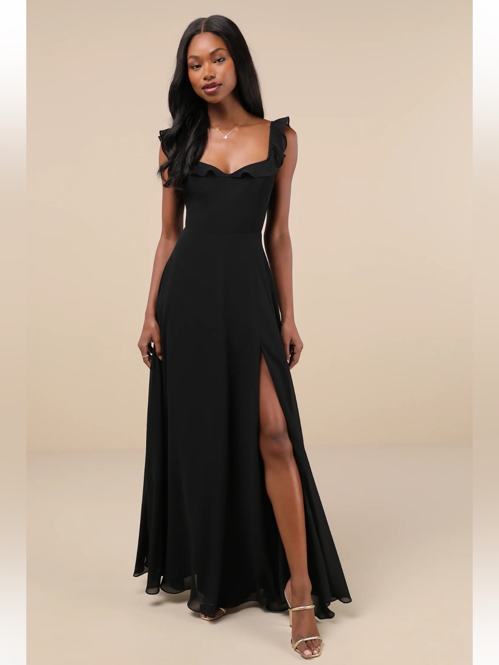 Lulus Dreamy Admiration Black Ruffled Maxi Dress Gown Size Medium - NWT